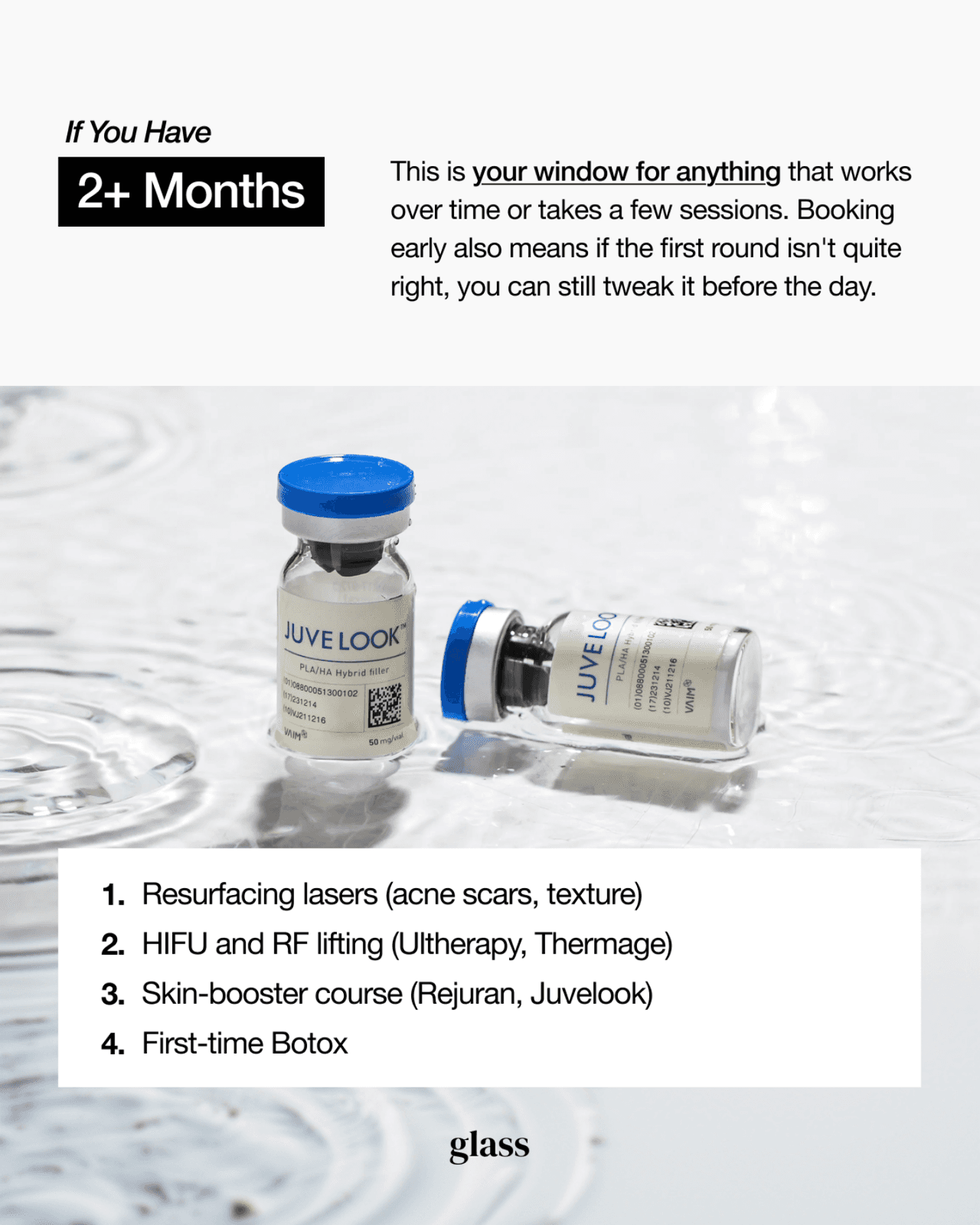 Pre-event treatment timeline at two months or more: resurfacing lasers, lifting, skin boosters, and first-time Botox