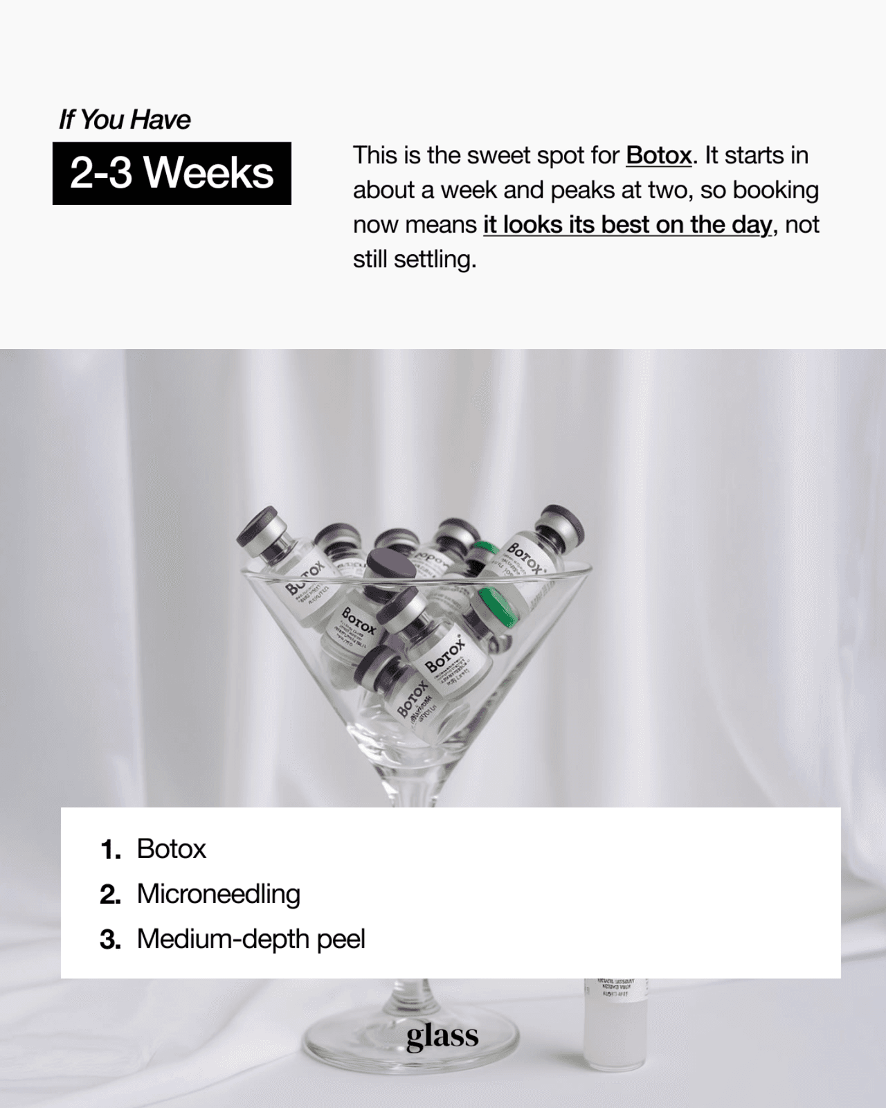 Pre-event treatment timeline at two to three weeks: Botox, microneedling, and a medium-depth peel requiring individual assessment