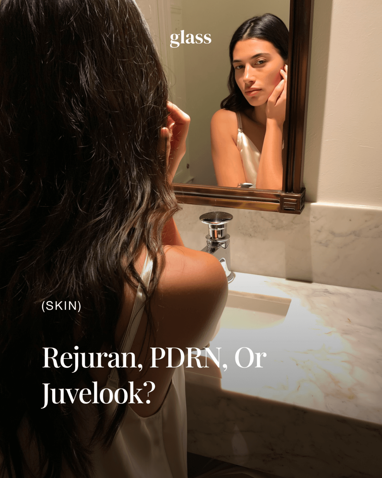 Woman checking her skin in a mirror — Rejuran vs Juvelook vs PDRN, which Korean skin booster fits