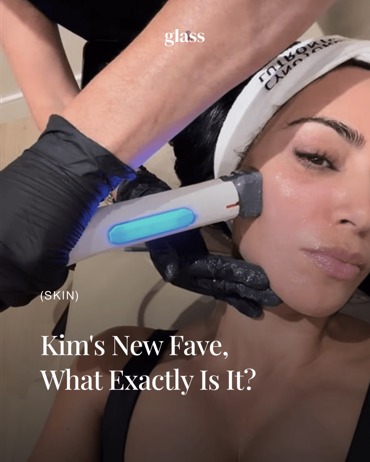 XERF treatment being performed on Kim Kardashian's cheek with a glowing radiofrequency handpiece